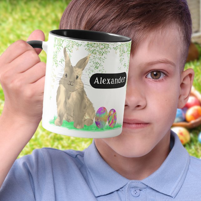 Caneca Nome Personalizado Do Coelhinho De Ovo De Páscoa (Personalized name cute Easter bunny Egg Hunt Spring Brunch Garden party Mug Colorful watercolor eggs)