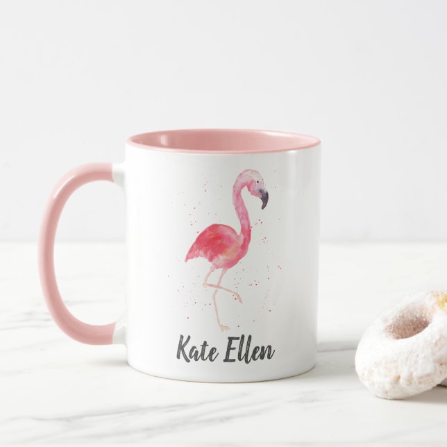 Caneca Nome Personalizado do Watercolor Flamingo Mug (Com Donut)