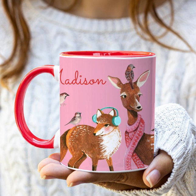 Caneca Nome Personalizado dos Animais da Floresta Natal (Woodland Animals Custom Name Christmas Mug)