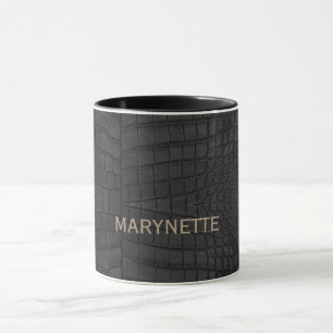 Caneca Nome Personalizado Faux Black Crocodilo Leather Im