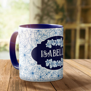 Caneca Nome Personalizado Feminino Padrão Floral Azul
