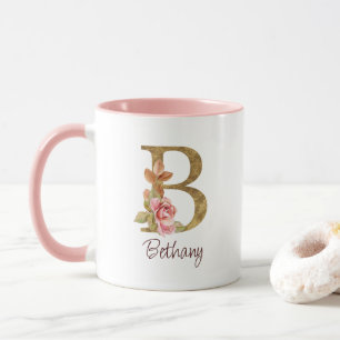 Caneca Nome Personalizado Folha de Ouro Blush Rosas Cor-d