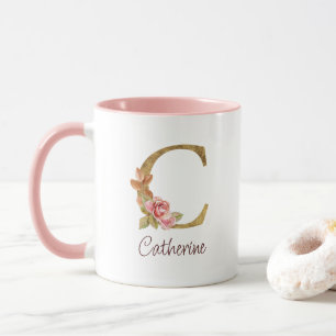 Caneca Nome Personalizado Folha de Ouro Blush Rosas Rosa