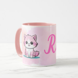 Caneca Nome Personalizado Gatinha Rosa Fofa Aquarela Kitt