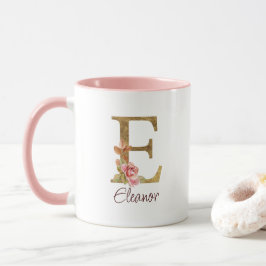 Caneca Nome Personalizado Letra E Folha Dourada Rosas Ros