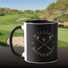 Caneca Nome Personalizado Moderno Golf Clubs Preto E Dour