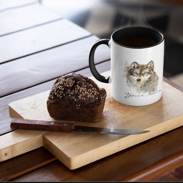 Caneca Nome personalizado ou texto Wolf watercolor Animal (Criador carregado)