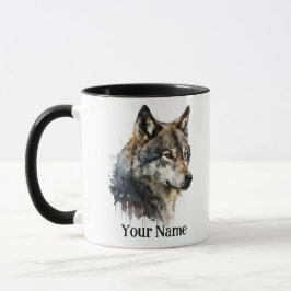 Caneca Nome personalizado ou Wolf de texto aquarela anima