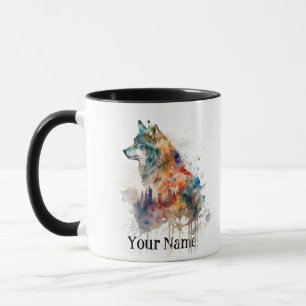 Caneca Nome personalizado ou Wolf de texto aquarela anima