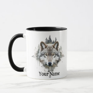 Caneca Nome personalizado ou Wolf de texto aquarela anima