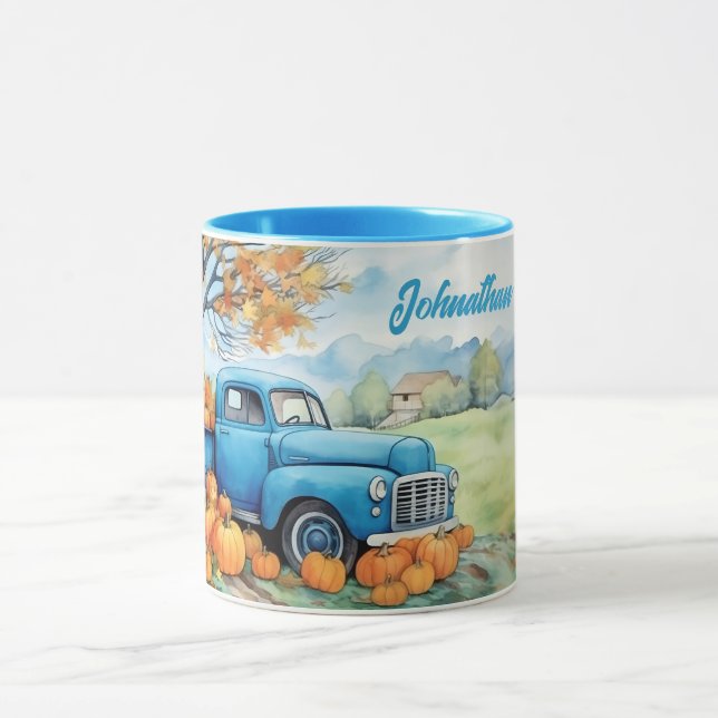 Caneca Nome Personalizado Outono Antiga Picape e Abóboras (Centro)