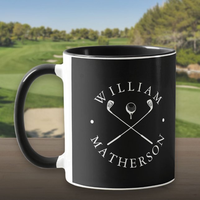 Caneca Nome Personalizado Pilhas de Golfe Pretas e Branca (Personalized Name Golf Clubs Black And White Mug)