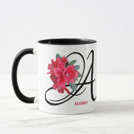 Caneca Nome personalizável Audrey de flores vermelhas tre