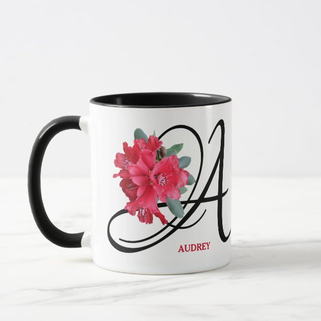 Caneca Nome personalizável Audrey de flores vermelhas tre (Esquerda)