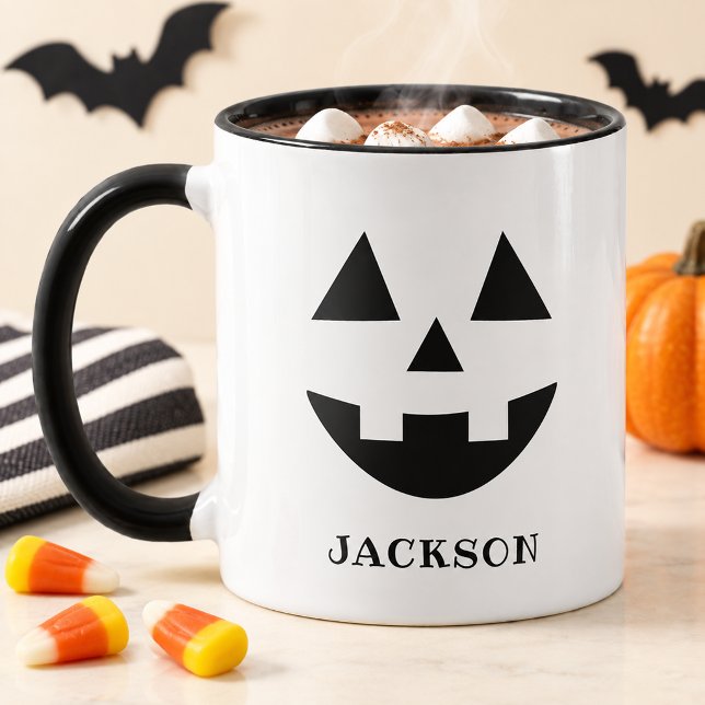 Caneca Nome Rosto Clássico de Abóbora de Halloween (Criador carregado)