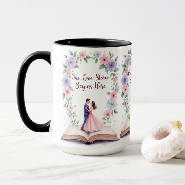 Caneca Nossa História De Amor Casamento Floral (Com Donut)