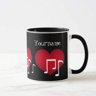 Caneca Notas de música pretas e brancas de coração vermel