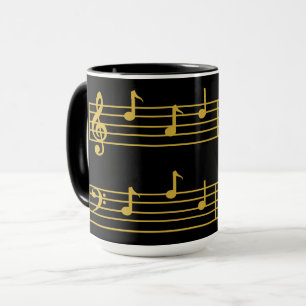CANECA NOTAS DE PAI MÚSICO DOURADAS PRETAS, PONTO DE BASE