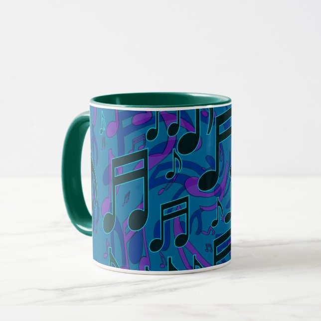 Caneca Notas Musicais Padrão Musical Suave Verde Azul (Frente Esquerda)