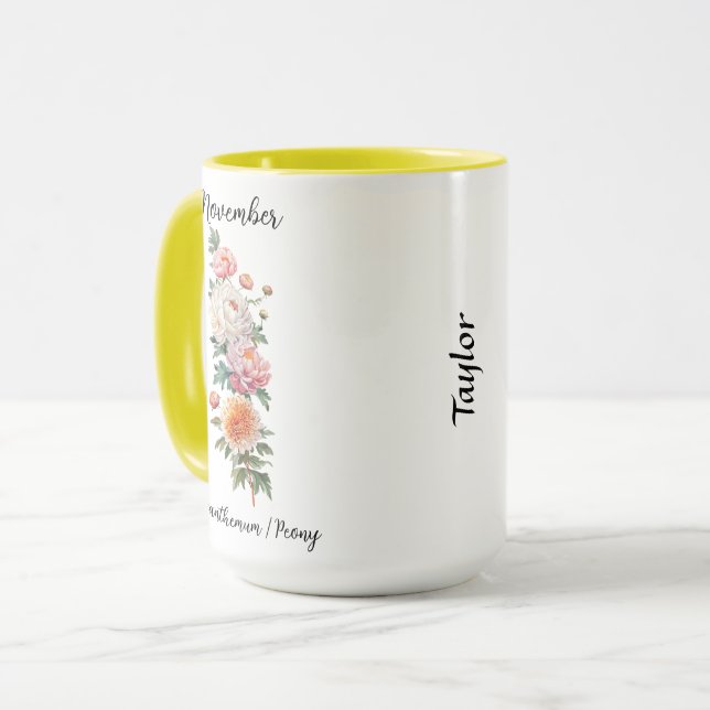 Caneca Novembro Nascimento Flor Chrysanthemum e Peony (Frente Esquerda)