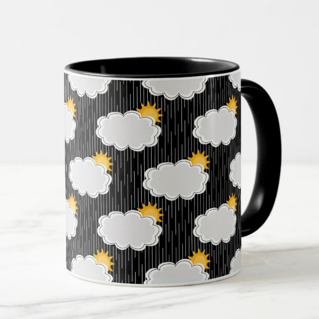 Caneca Nuvens de sol em chuva Padrão Design Preto (Criador carregado)