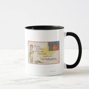 Caneca O Dia das Bruxas GreetingGoblin na janela