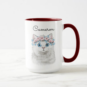 Caneca O gato floral branco doce adiciona seu nome