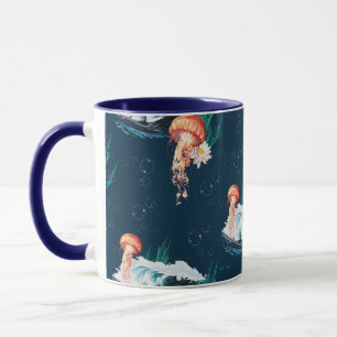 Caneca O padrão de águas-vivas do oceano Lotus Branco