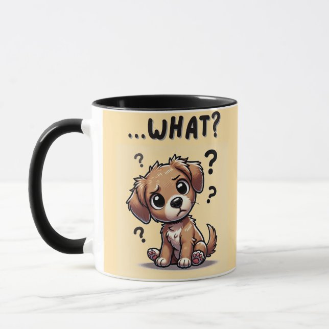 Caneca "...o quê?" Puppy com cartoon confundida (Esquerda)