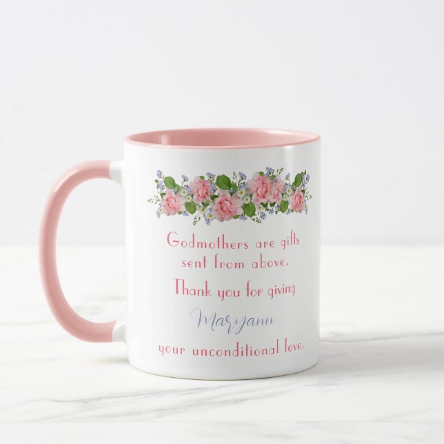 Caneca Obrigado Madrinha Dando Flores Rosa, Personalizada (Esquerda)