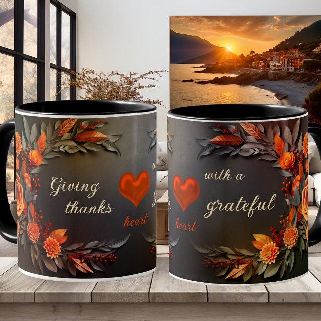 Caneca Obrigados Florais Quadro Cardíaco Grateful (Mug with a floral design on chalkboard with an optional heart - Thanksgiving - teacher appreciation)