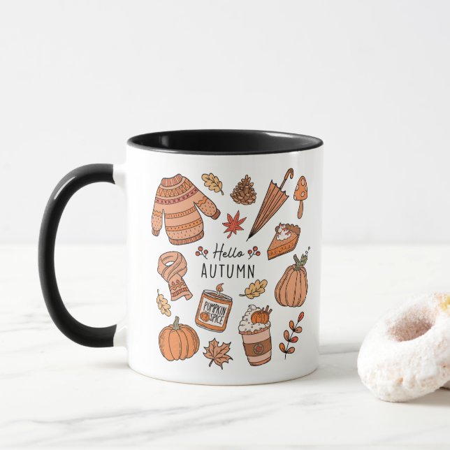 Caneca Olá Autumn Mug, Fall Vibes Mug, Retro Doodle (Com Donut)