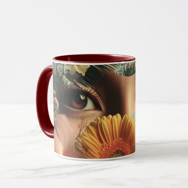 Caneca Olhos Surreais e Flores com Borboletas (Frente Esquerda)