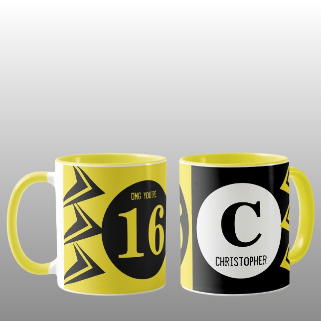 Caneca OMG, você tem 16 monogramas de nome amarelo e pret (Criador carregado)