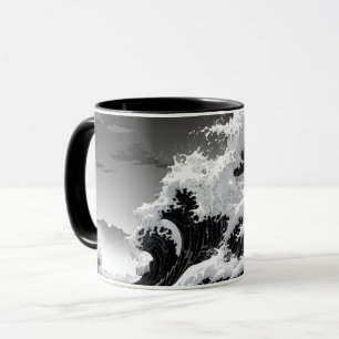 Caneca Ondas de tsunami em preto e branco