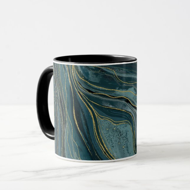 Caneca Ondas Douradas de Abstrato de Aquarela Azul Teal (Frente Esquerda)