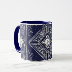 Caneca Opulência Azul e Prateada Barroco Ornamentado