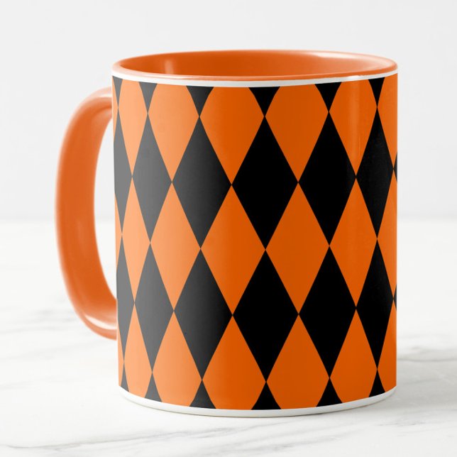 Caneca Orange Black Harlequin Diamonds Checkers Design  (Criador carregado)