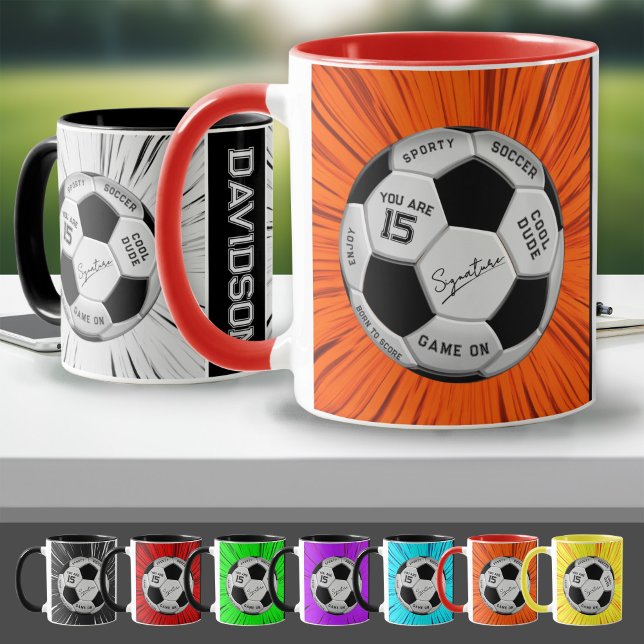 Caneca Orange Soccer Ball Custom Text Birthday Milestone  (Criador carregado)