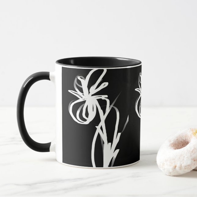 Caneca Orchid Noir: Abstrato preto e branco (Com Donut)