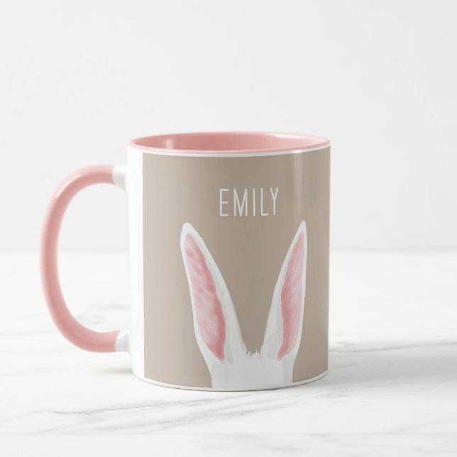 Caneca Orelhas de Coelho em Aquarela em Bege com Nome Per (Esquerda)