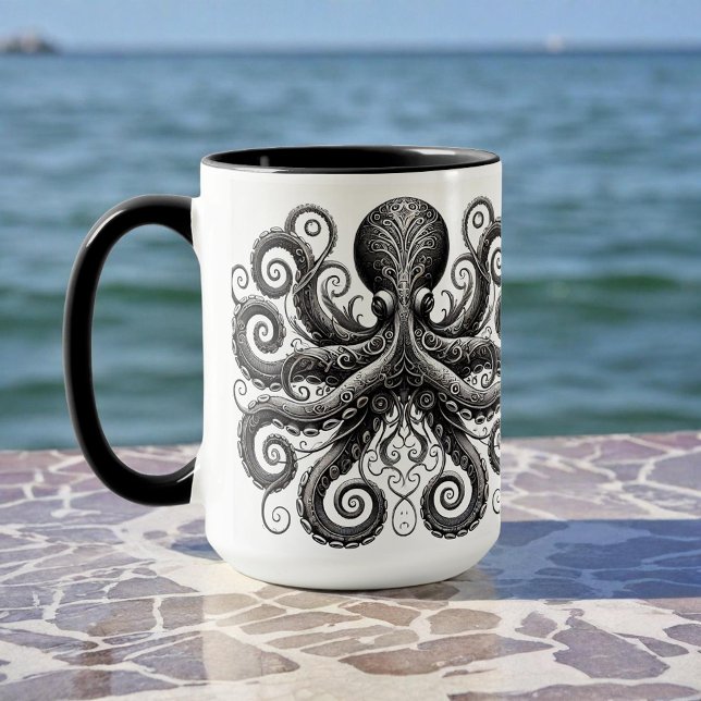 Caneca Ornamentado de Octopus Kraken Steampunk Black (Criador carregado)
