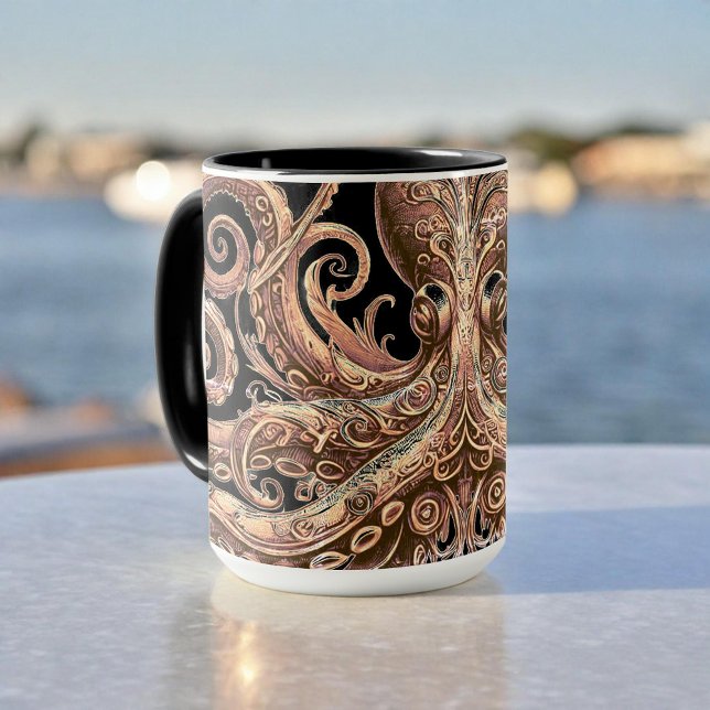 Caneca Ornamentado de polvo Kraken Steampunk Dourado e pr (Criador carregado)