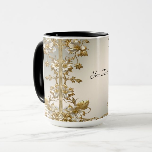 Caneca Ornamentado Dourado Branco Floral (Frente Esquerda)