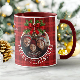 Caneca Ornamento da Bola de Natal Foto Xadrez Vermelha Bu