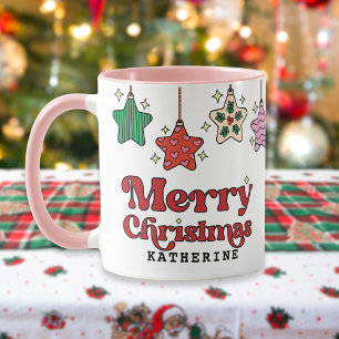 Caneca Ornamentos de Estrela Retro Feliz Natal Personaliz