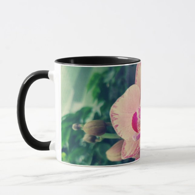 Caneca Orquídea phalaenopsis flores cor-de-rosa bolinhas  (Esquerda)