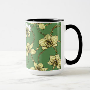 Caneca Orquídeas e correntes, amarelas e verdes-kelly