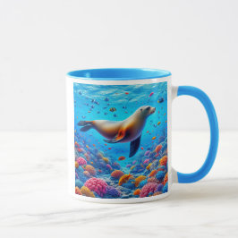 Caneca Otarie nageant sous la mer parmi les poissons.