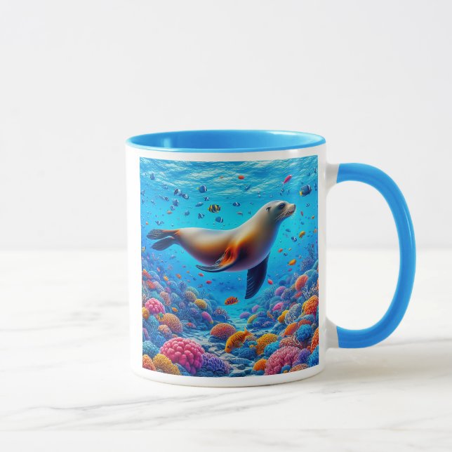 Caneca Otarie nageant sous la mer parmi les poissons. (Direita)